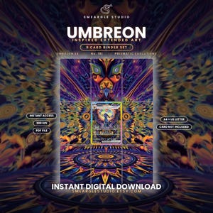 May include: A digital download set featuring Umbreon inspired extended art for a 9 card binder. The design includes a central Umbreon ex card graphic, vibrant purple, orange, and blue kaleidoscopic patterns, and text including Smeargle Studio, 300 DPI, PDF file, and A4 + US letter.