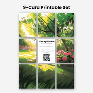 May include: A 9-card printable set featuring a garden scene with green foliage, pink roses, and a wooden bench. The center card displays the text SmeargleStudio, instructions for trimming, and a QR code. The overall design uses vibrant greens, yellows, and pinks to depict a sunny outdoor landscape.
