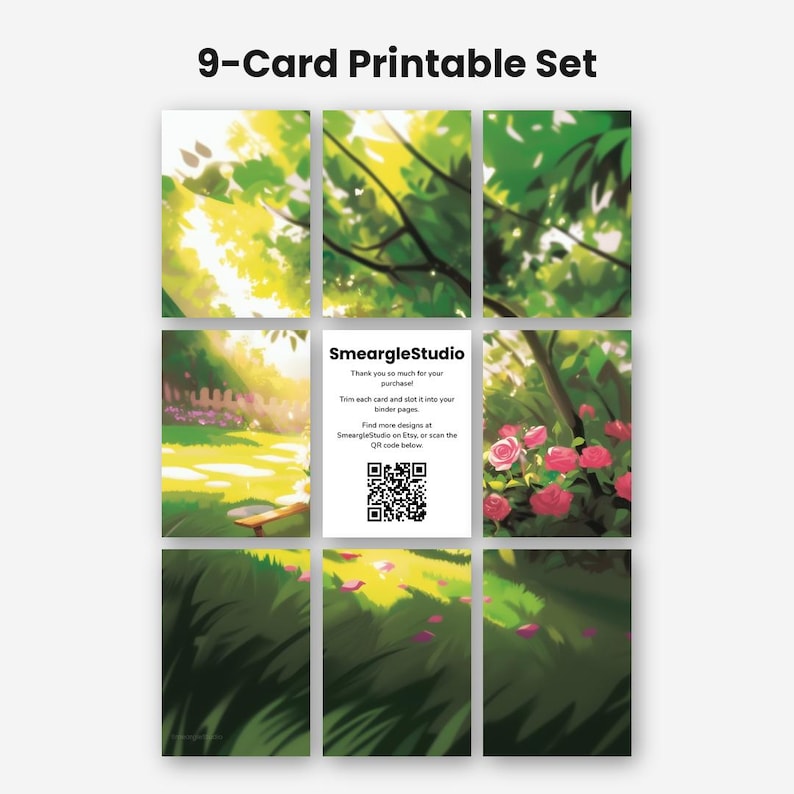 May include: A 9-card printable set featuring a garden scene with green foliage, pink roses, and a wooden bench. The center card displays the text SmeargleStudio, instructions for trimming, and a QR code. The overall design uses vibrant greens, yellows, and pinks to depict a sunny outdoor landscape.