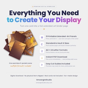 May include: A digital download product featuring 9 printable extended-art panels for a 9-pocket binder page. The design displays a seamless scene of a room with shelves and bottles. Includes A4 and US Letter formats with easy cut guides.