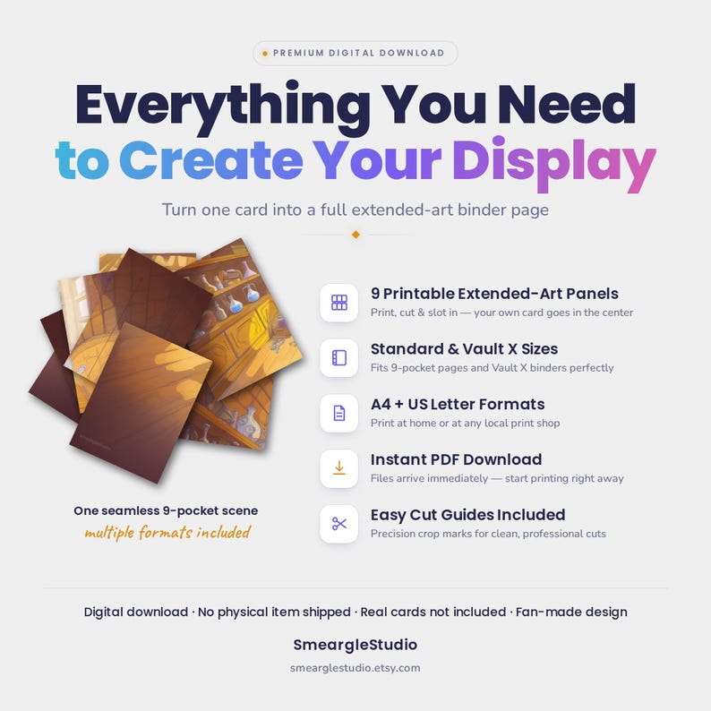 May include: A digital download product featuring 9 printable extended-art panels for a 9-pocket binder page. The design displays a seamless scene of a room with shelves and bottles. Includes A4 and US Letter formats with easy cut guides.