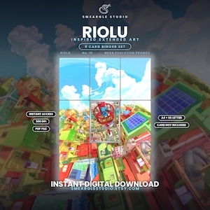 May include: A digital download set of 9 card binder inserts featuring Riolu inspired extended art. The graphic displays a blue character in a red cage over a colorful city landscape with text including SMEARGLE STUDIO, RIOLU, and INSTANT DIGITAL DOWNLOAD.