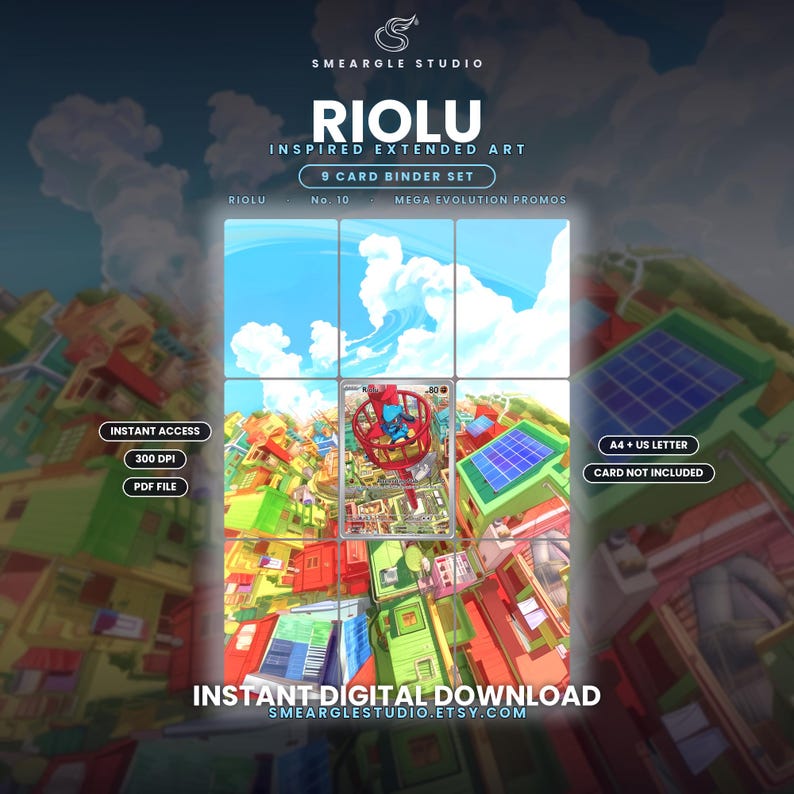 May include: A digital download set of 9 card binder inserts featuring Riolu inspired extended art. The graphic displays a blue character in a red cage over a colorful city landscape with text including SMEARGLE STUDIO, RIOLU, and INSTANT DIGITAL DOWNLOAD.