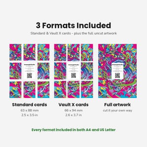 May include: A digital product display showing 3 Formats Included: Standard cards at 63 x 88 mm, Vault X cards at 66 x 94 mm, and full artwork. The design features vibrant abstract patterns in pink, blue, and yellow with QR code inserts.