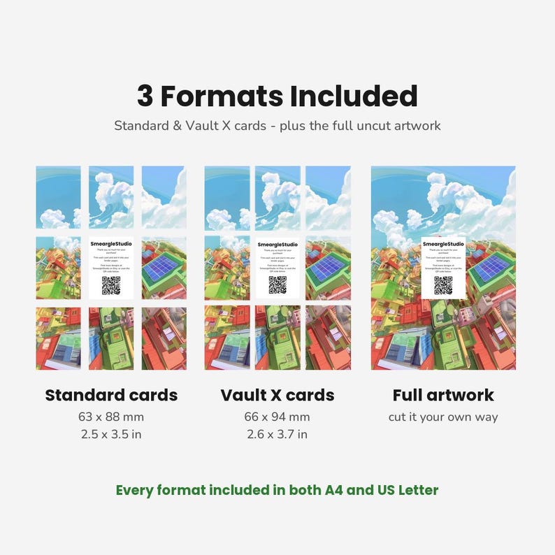 May include: A digital display showing 3 Formats Included: Standard cards at 2.5 x 3.5 inches, Vault X cards at 2.6 x 3.7 inches, and full artwork. Each section features a colorful illustration of a town with clouds and a QR code card.