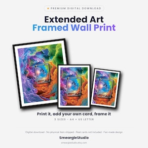 May include: Three black-framed wall prints featuring extended art designs with vibrant, multi-colored cloud patterns and a central trading card graphic. Text includes Premium Digital Download, Extended Art Framed Wall Print, Print it, add your own card, frame it, 3 SIZES - A4 + US LETTER, Digital download, No physical item shipped, Real cards not included, Fan-made design, SmeargleStudio, smearglestudio.etsy.com.
