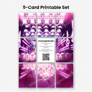 May include: A 9-card printable set featuring a vibrant pink and purple concert stage background with musical notes. The center card displays the text SmeargleStudio, thank you notes, instructions to trim and slot into binder pages, and a QR code.