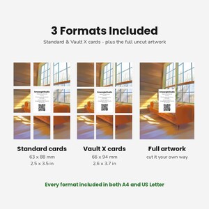 May include: A digital product display showing 3 Formats Included: Standard cards at 63 x 88 mm (2.5 x 3.5 in), Vault X cards at 66 x 94 mm (2.6 x 3.7 in), and full artwork. Each format features a room scene with a couch and window, plus a QR code.