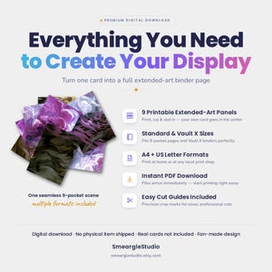 K&ouml;nnte beinhalten: Eine digitale Produktanzeige mit dem Text Everything You Need to Create Your Display. Sie enth&auml;lt 9 druckbare, erweiterte Kunstpaneele f&uuml;r eine nahtlose 9-Taschen-Szene, kompatibel mit Standard- und Vault X-Ordnern in A4- und US-Letter-Formaten.