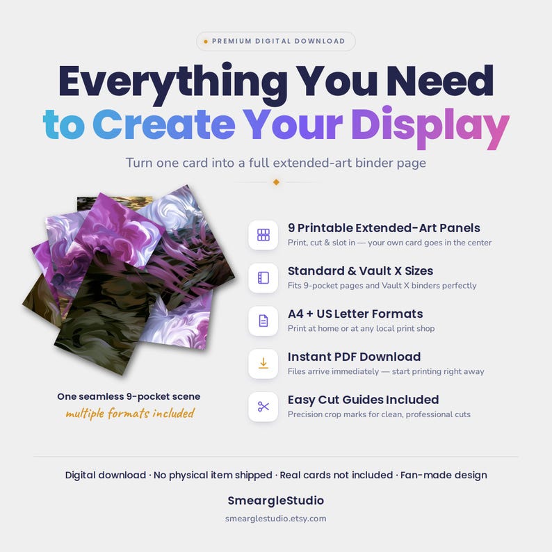 K&ouml;nnte beinhalten: Eine digitale Produktanzeige mit dem Text Everything You Need to Create Your Display. Sie enth&auml;lt 9 druckbare, erweiterte Kunstpaneele f&uuml;r eine nahtlose 9-Taschen-Szene, kompatibel mit Standard- und Vault X-Ordnern in A4- und US-Letter-Formaten.