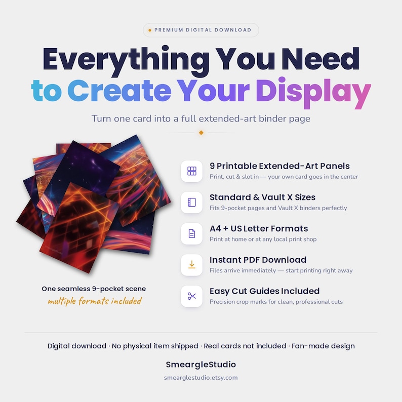 May include: A digital download product featuring 9 printable extended-art panels for a 9-pocket binder page. The design displays a seamless scene with abstract orange and red light streaks on a dark background. Includes cut guides and formats.
