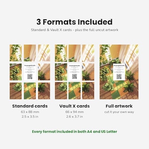 May include: A digital product display showing 3 Formats Included: Standard cards at 2.5 x 3.5 inches, Vault X cards at 2.6 x 3.7 inches, and Full artwork. Each section features a grid of green potted plants in a sunlit room with a QR code card.