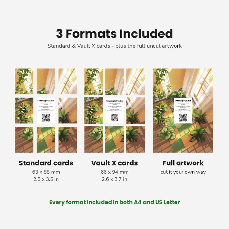 May include: A digital product display showing 3 Formats Included: Standard cards at 2.5 x 3.5 inches, Vault X cards at 2.6 x 3.7 inches, and Full artwork. Each section features a grid of green potted plants in a sunlit room with a QR code card.