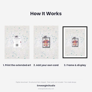 May include: A three-step instructional graphic titled How It Works. Step 1 shows a printed sheet with a QR code. Step 2 shows a trading card placed on the sheet. Step 3 shows the card and sheet inside a black frame. The background features teal stars.