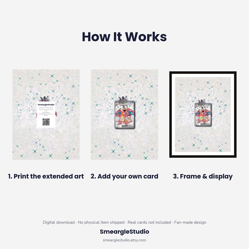 May include: A three-step instructional graphic titled How It Works. Step 1 shows a printed sheet with a QR code. Step 2 shows a trading card placed on the sheet. Step 3 shows the card and sheet inside a black frame. The background features teal stars.