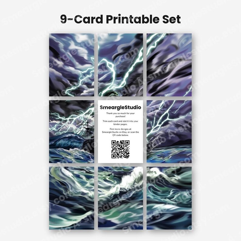 May include: A 9-card printable set featuring a stormy ocean scene with lightning strikes, dark clouds, and turbulent waves. The center card displays the text SmeargleStudio, instructions to trim and slot into binder pages, and a QR code.