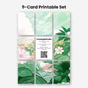 May include: A 9-card printable set featuring illustrations of clouds, lush green foliage, and colorful flowers. The center card displays the text SmeargleStudio, purchase instructions, and a QR code. The cards feature shades of green, pink, and white.