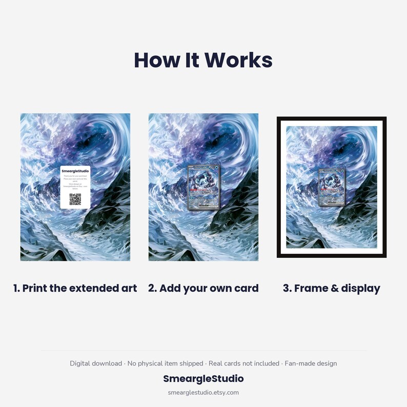 May include: An instructional graphic titled How It Works showing three steps: 1. Print the extended art with a QR code, 2. Add your own card to the center, and 3. Frame & display the finished piece. The background features a blue and white mountain landscape.