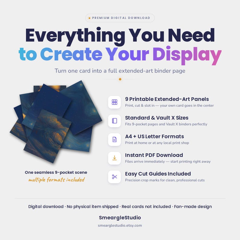 May include: A digital download product display featuring nine printable extended-art panels for binder pages. The text reads Everything You Need to Create Your Display, listing features like standard and Vault X sizes, A4 and US letter formats, instant PDF download, and easy cut guides. The design includes a seamless nine-pocket scene with dark blue and orange abstract art.