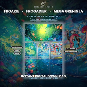 May include: A three-card connecting set featuring Froakie, Frogadier, and Mega Greninja. The artwork displays vibrant blue, green, and orange colors with forest and water themes. Text includes Smeargle Studio, Chaos Rising, and card numbers.