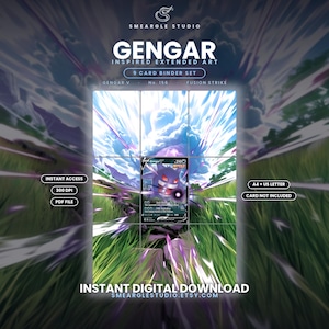 Pode incluir: Um conjunto de 9 cartas para arquivador com arte estendida inspirada em Gengar. O design digital mostra um personagem Gengar roxo em um campo gramado com raios de luz din&acirc;micos. O texto inclui SMEARGLE STUDIO, GENGAR, INSTANT ACCESS, 300 DPI, PDF FILE, A4 + US LETTER, CARD NOT INCLUDED e INSTANT DIGITAL DOWNLOAD.