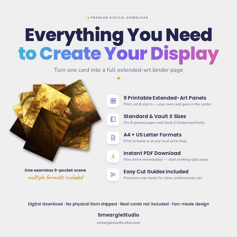May include: A digital download product featuring 9 printable extended-art panels for a 9-pocket binder page. The design displays a golden forest scene. Text includes Everything You Need to Create Your Display, 9 Printable Extended-Art Panels, Standard & Vault X Sizes, A4 + US Letter Formats, Instant PDF Download, and Easy Cut Guides Included.