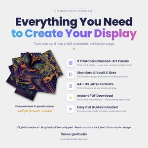 May include: A digital download product featuring 9 printable extended-art panels for a 9-pocket binder page. The design displays a seamless scene with abstract blue, purple, and orange patterns. Text includes Everything You Need to Create Your Display.