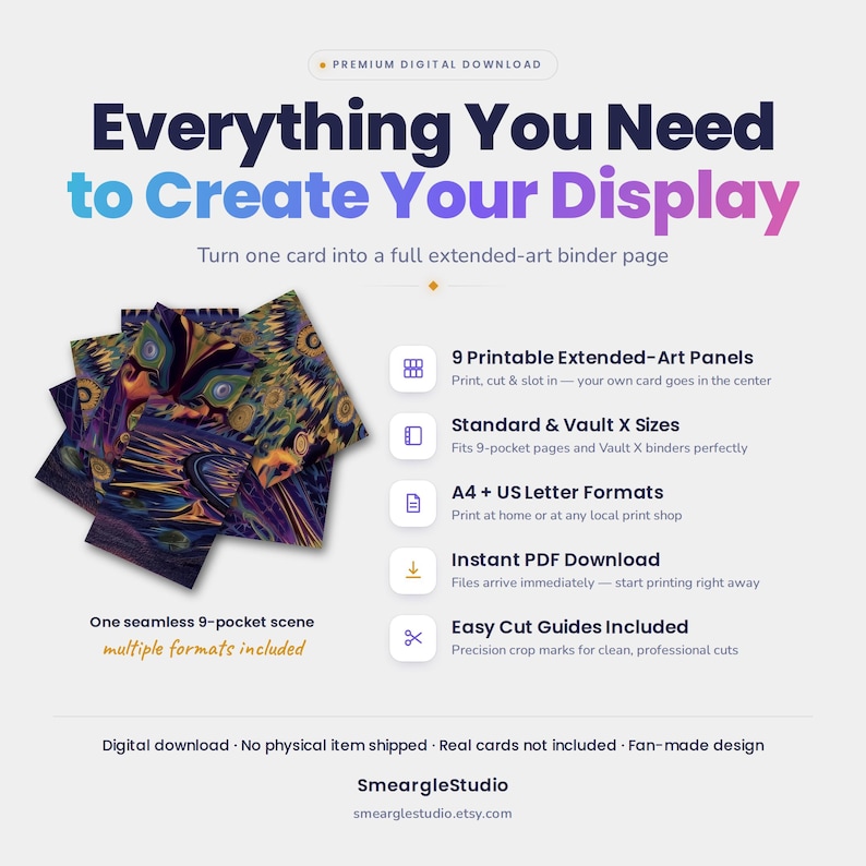 May include: A digital download product featuring 9 printable extended-art panels for a 9-pocket binder page. The design displays a seamless scene with abstract blue, purple, and orange patterns. Text includes Everything You Need to Create Your Display.