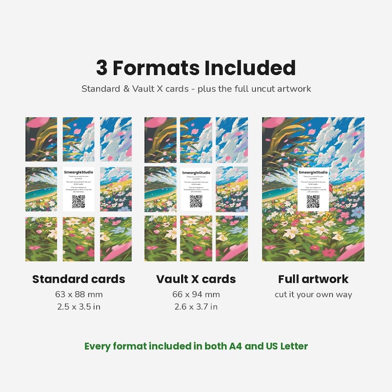 May include: A digital art print set featuring three formats: standard cards at 2.5 x 3.5 inches, Vault X cards at 2.6 x 3.7 inches, and full uncut artwork. The design displays a vibrant landscape with blue skies, clouds, and colorful flowers.