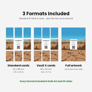 Puede incluir: Un gr&aacute;fico digital que muestra tres formatos para ilustraciones de tarjetas: tarjetas est&aacute;ndar de 63 x 88 mm, tarjetas Vault X de 66 x 94 mm e ilustraci&oacute;n completa sin cortar. El dise&ntilde;o presenta un paisaje des&eacute;rtico con cielo azul y tierra.