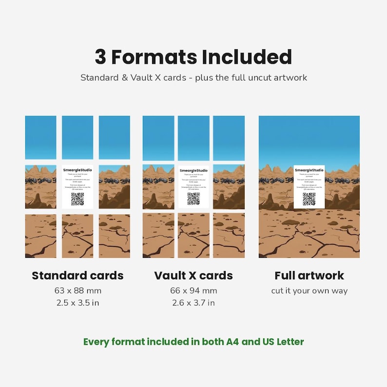 Puede incluir: Un gr&aacute;fico digital que muestra tres formatos para ilustraciones de tarjetas: tarjetas est&aacute;ndar de 63 x 88 mm, tarjetas Vault X de 66 x 94 mm e ilustraci&oacute;n completa sin cortar. El dise&ntilde;o presenta un paisaje des&eacute;rtico con cielo azul y tierra.