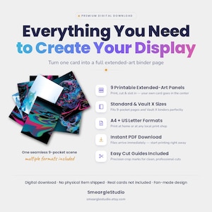 Puede incluir: Un producto de descarga digital con 9 paneles de arte extendido imprimibles para p&aacute;ginas de carpetas. El dise&ntilde;o muestra patrones abstractos, coloridos y arremolinados en azul, rosa y negro. El texto dice: Everything You Need to Create Your Display.