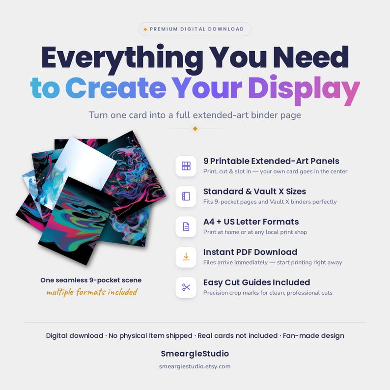 Puede incluir: Un producto de descarga digital con 9 paneles de arte extendido imprimibles para p&aacute;ginas de carpetas. El dise&ntilde;o muestra patrones abstractos, coloridos y arremolinados en azul, rosa y negro. El texto dice: Everything You Need to Create Your Display.