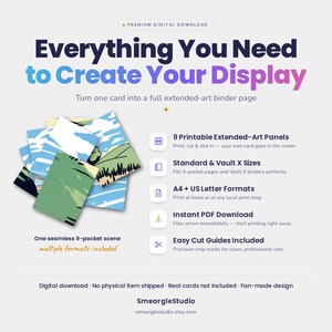 May include: A digital download product featuring 9 printable extended-art panels for binder pages. The graphic shows a landscape scene with green hills and blue skies, with text including Everything You Need to Create Your Display and SmeargleStudio.