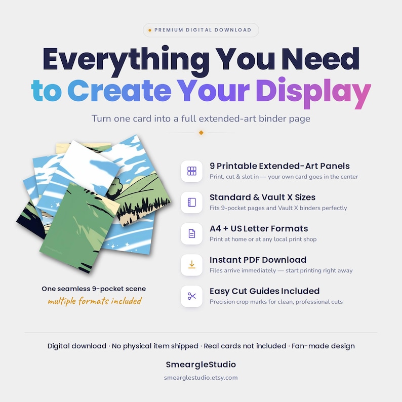 May include: A digital download product featuring 9 printable extended-art panels for binder pages. The graphic shows a landscape scene with green hills and blue skies, with text including Everything You Need to Create Your Display and SmeargleStudio.