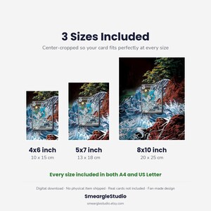 May include: A digital download product display showing three sizes of a card art print: 4x6 inch, 5x7 inch, and 8x10 inch. The artwork features a blue creature in a turbulent waterfall scene with rocks and trees. Text includes 3 Sizes Included, A4, US Letter, and SmeargleStudio.