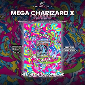 Puede incluir: Un set de 9 cartas para archivador con arte extendido inspirado en Mega Charizard X. El diseño muestra patrones abstractos vibrantes en rosa, azul, amarillo y verde. El texto incluye Mega Charizard X, 300 DPI, archivo PDF, A4 + US letter y descarga digital.