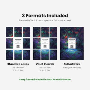 May include: A digital product display showing 3 Formats Included: Standard cards at 2.5 x 3.5 inches, Vault X cards at 2.6 x 3.7 inches, and full artwork. Each section features a dark forest illustration with a central white card containing text and a QR code.