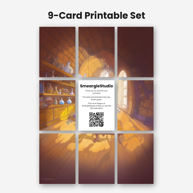 May include: A 9-card printable set featuring a fantasy-themed illustration of a stone room with shelves of potion bottles. The center card displays the text SmeargleStudio, instructions to trim and slot into binder pages, and a QR code.