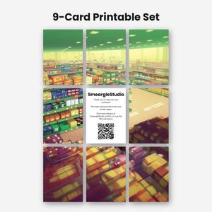 May include: A 9-card printable set featuring a grid of nine images depicting a grocery store aisle with shelves of products. The centre card contains the text SmeargleStudio, thank you notes, and a QR code for scanning and finding more designs.