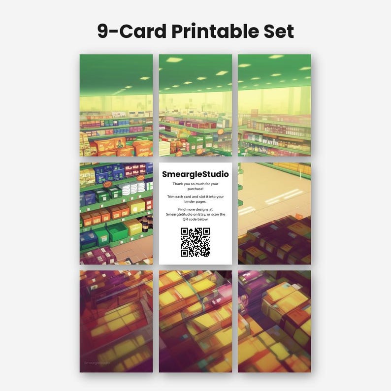 May include: A 9-card printable set featuring a grid of nine images depicting a grocery store aisle with shelves of products. The centre card contains the text SmeargleStudio, thank you notes, and a QR code for scanning and finding more designs.