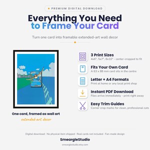 May include: A digital download guide for framing a 63 x 88 mm card as wall art. It features a framed card illustration, text detailing 3 print sizes (4x6", 5x7", 8x10"), Letter and A4 formats, instant PDF delivery, and easy trim guides.