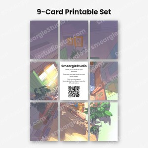 May include: A 9-card printable set featuring illustrated interior scenes with plants and sunlight. The center card displays the text SmeargleStudio, a thank you message, and a QR code. The cards are arranged in a three-by-three grid layout.