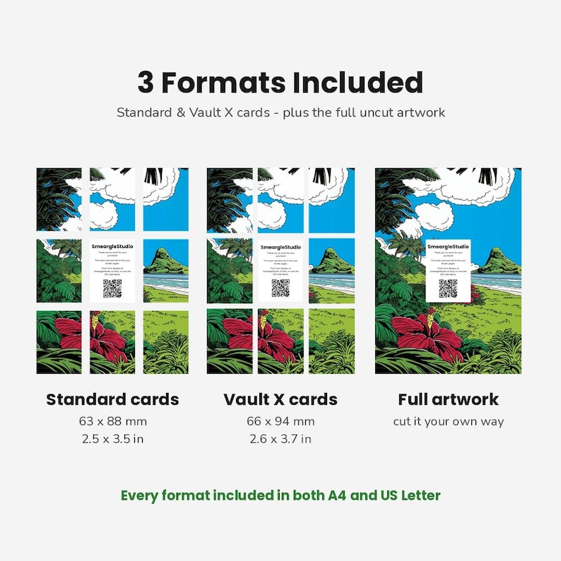 May include: A digital product display showing 3 formats: standard cards at 2.5 x 3.5 inches, Vault X cards at 2.6 x 3.7 inches, and full artwork. The graphic features a tropical landscape with a red hibiscus, green foliage, and a blue sky.