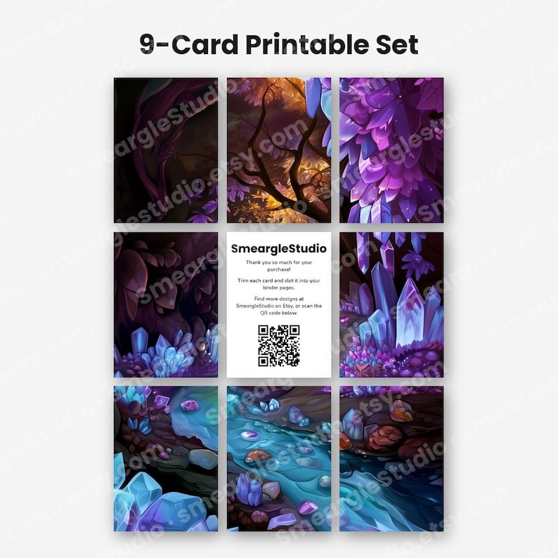 May include: A 9-card printable set featuring fantasy-themed illustrations of purple crystals, dark forests, and flowing blue water. The center card displays the text SmeargleStudio, a thank you message, and a QR code for digital access.