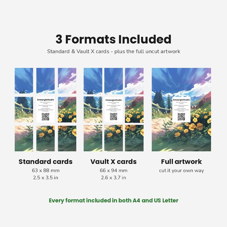 May include: A digital product display showing 3 Formats Included: Standard cards at 2.5 x 3.5 inches, Vault X cards at 2.6 x 3.7 inches, and full artwork. Each section features a landscape illustration of yellow flowers, a path, and blue sky.