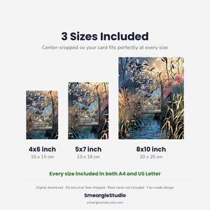 K&ouml;nnte beinhalten: Eine digitale Produktanzeige mit drei vertikalen Kunstdrucken, die ein blau-goldenes Wesen in einer Sumpflandschaft zeigen. Der Text umfasst 3 Sizes Included, 10x15 cm, 13x18 cm, 20x25 cm und Every size included in both A4 and US Letter.