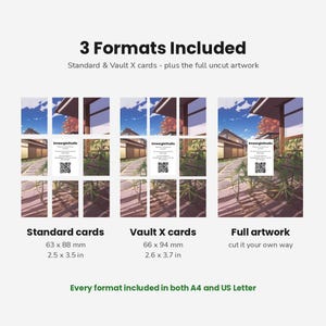May include: A digital product display showing three formats of an anime-style landscape illustration. The image includes standard cards at 63 x 88 mm (2.5 x 3.5 in), Vault X cards at 66 x 94 mm (2.6 x 3.7 in), and a full uncut artwork sheet.