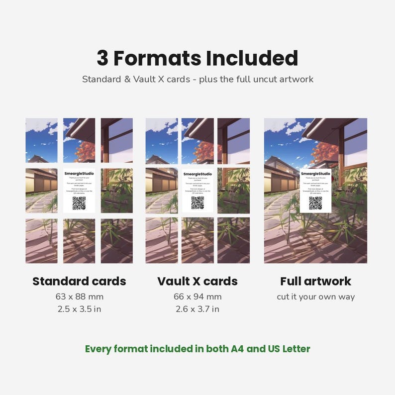 May include: A digital product display showing three formats of an anime-style landscape illustration. The image includes standard cards at 63 x 88 mm (2.5 x 3.5 in), Vault X cards at 66 x 94 mm (2.6 x 3.7 in), and a full uncut artwork sheet.