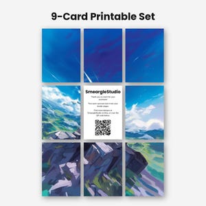 May include: A 9-card printable set featuring a landscape illustration of mountains and sky. The center card displays the text SmeargleStudio, thank you notes, and a QR code. The cards feature blue, green, and white colors in a painterly style.